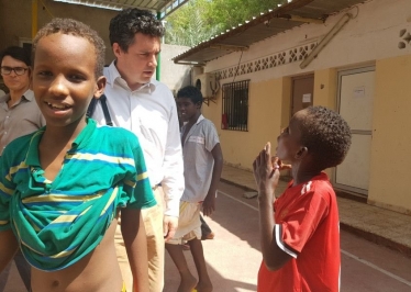 Huw on UNICEF trip speaking to children